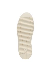 Suola della scarpa di colore crema realizzata in gomma, con scanalature orizzontali per una migliore aderenza e un logo centrale in evidenza. Forma liscia e simmetrica.