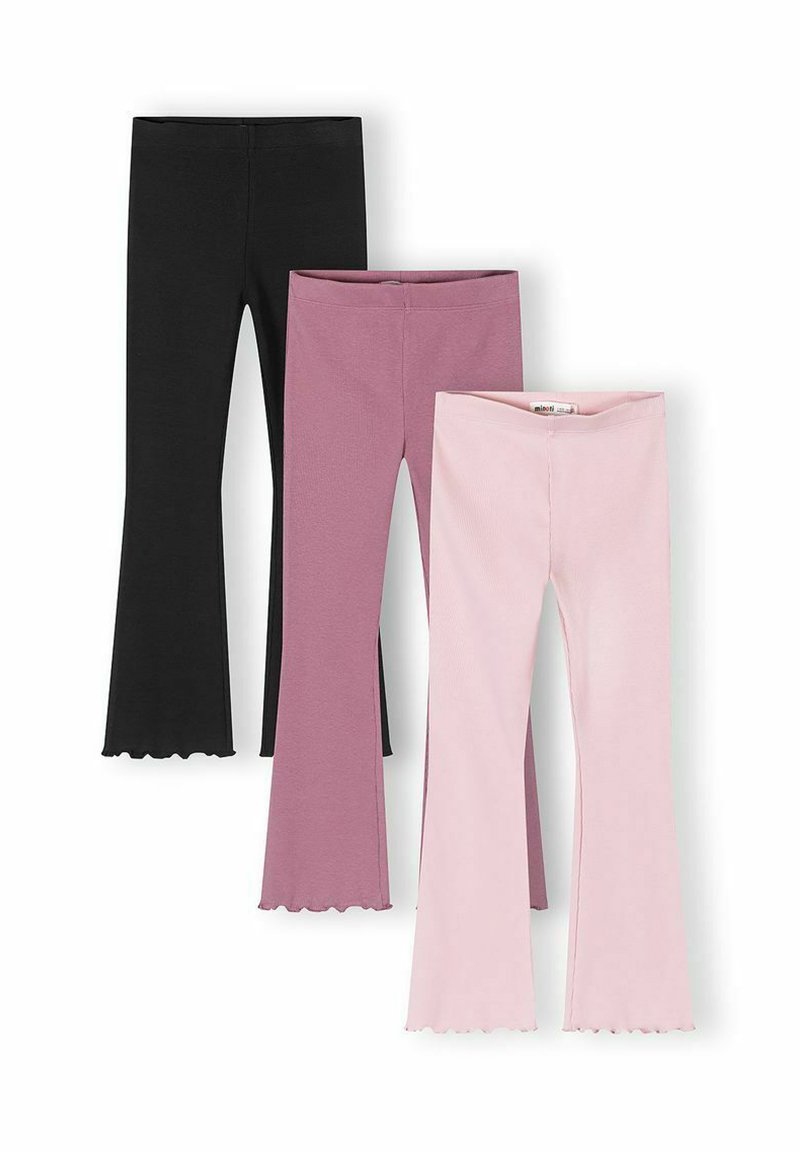 Trīs pāri zvana formā plecu legingu melnā, mauves un gaiši rozā krāsā, katram ar volānu apakšu, izklāti plakani uz balta fona.