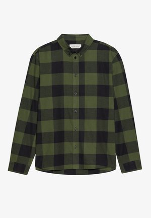 Grønn og svart rutete langermet skjorte laget av mykt stoff, med krage med knapper og frontknapper. Tilpasset passform med buet nederkant.