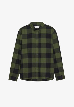 Grønn og svart rutete langermet skjorte laget av mykt stoff, med krage med knapper og frontknapper. Tilpasset passform med buet nederkant.