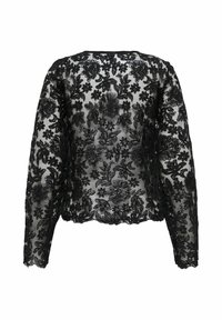 Must mustriga blouse pikka varrukatega, mis on kaunistatud lilleline tikand ja laineline äär. Läbipaistev kangas ning keerukad detailid üle kogu blouse.
