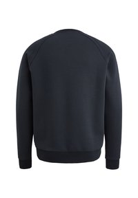 Zwarte sweatshirt met lange mouwen, ribbelmanchetten en -zoom, een gladde textuur en een ronde halslijn. Heeft een eenvoudig, onversierd ontwerp.