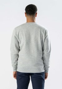 Grå sweatshirt med rund hals og lange ærmer, der har en struktureret stof. Synlig ribbet kant og manchetter, båret over mørke bukser.