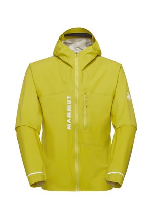 Fel geel waterdicht jack met capuchon, verticale ritsspocket op de borst, ritssluiting aan de voorkant en witte "MAMMUT"-logo aan de linkerkant.