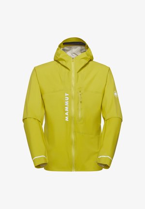 Fel geel waterdicht jack met capuchon, verticale ritsspocket op de borst, ritssluiting aan de voorkant en witte "MAMMUT"-logo aan de linkerkant.