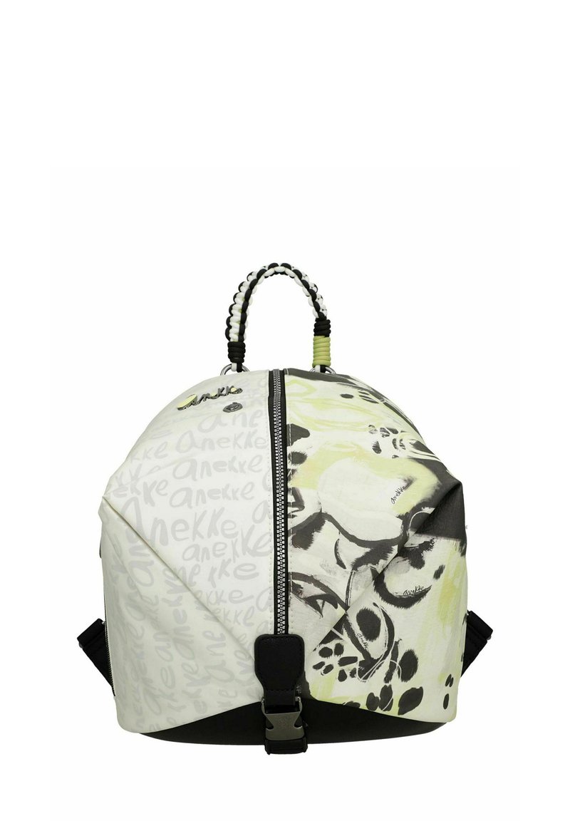 Sac à dos rond en tissu avec un design jaune clair et gris orné de motifs floraux. Comprend une fermeture éclair et des bretelles noires réglables.