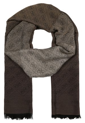 Écharpe tissée marron et grise avec un motif géométrique et floral subtil répétitif et des extrémités à franges.