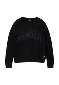 Pull en laine noir avec un col rond et un ourlet côtelé. Comprend une impression graphique à l'avant et une petite étiquette sur le côté.