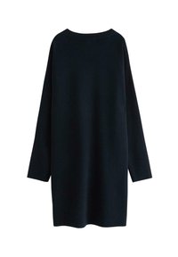 Abito maglione over-size blu notte con maniche lunghe, scollatura rotonda e polsini a costine. Tessuto morbido con una superficie liscia e senza motivi visibili.