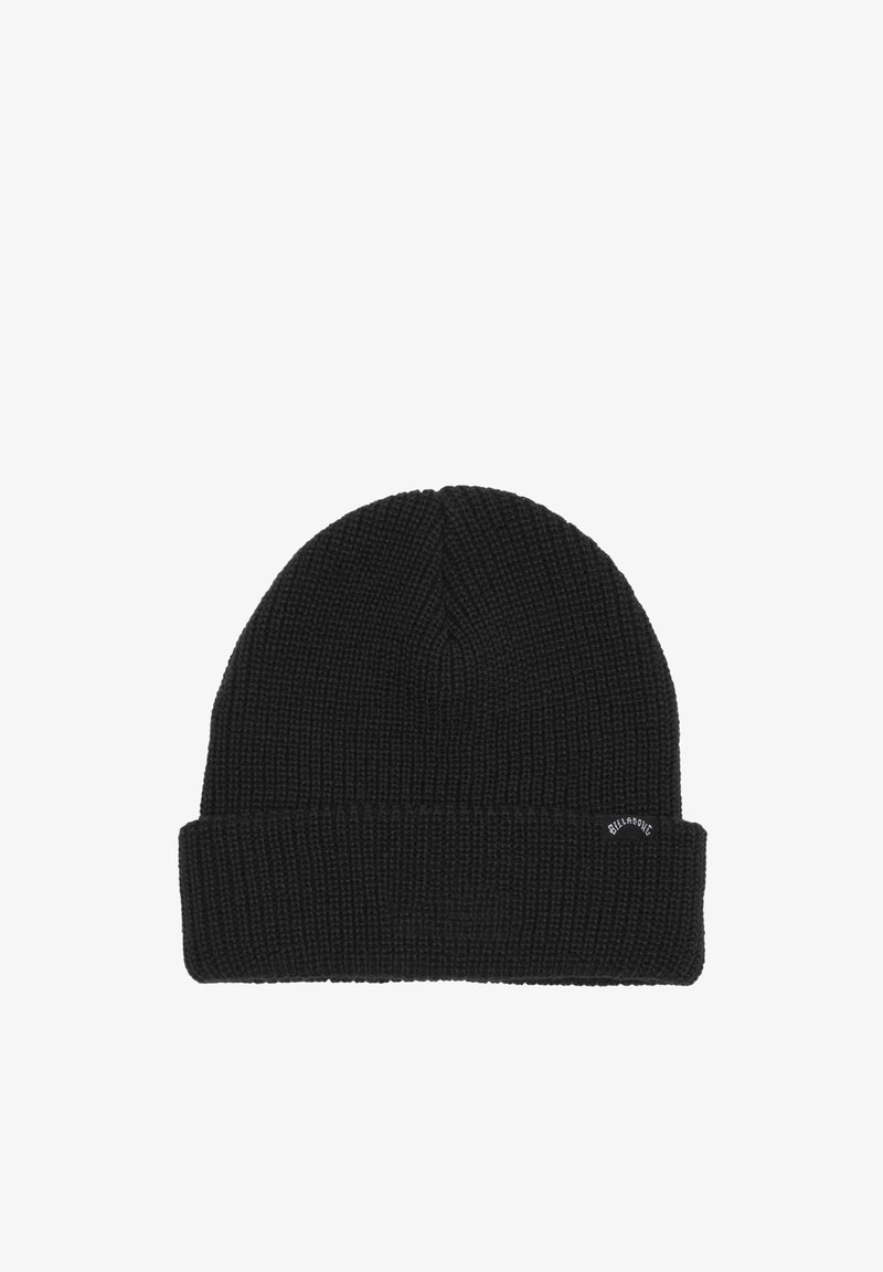 Gorro de punto en negro, con un dobladillo doblado, superficie texturizada y una pequeña etiqueta de logo en el lateral.