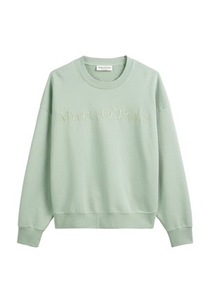 Lichtgroene sweatshirt van zacht materiaal met ribgebreide manchetten en halslijn, voorzien van "Marc O'Polo" in reliëf op de voorkant.