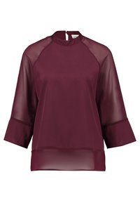 Bordeaux blouse met doorschijnende driekwartmouwen, hoge hals en een keyhole rug. Glad textuur en een ontspannen pasvorm.