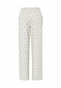 Pantalon blanc à pois marron, taille élastique, jambes droites et poches latérales, présenté sur un fond uni.