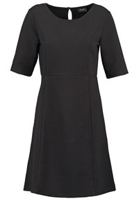 Černé šaty s kulatým výstřihem a krátkými rukávy, se skládající sukní a designem s klíčovou dírou na zádech. Hladká textura látky.