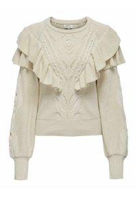 Kremowy sweter z falbaną przy dekolcie, skomplikowanymi wzorami dzianinowymi oraz balonowymi rękawami z teksturowanymi detalami.