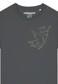 Graues Kurzarm-T-Shirt aus leichtem Stoff mit Rundhalsausschnitt und einem grünen Umrissgrafik eines Vogels sowie dem Text "Selbstliebe."