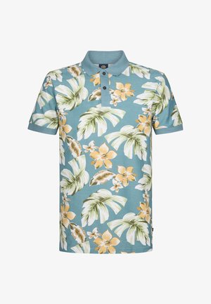 Kurzarm-Polohemd in hellblau mit tropischen Blumen- und Blattmustern in Grün und Gelb. Aus weichem Baumwollmaterial mit Kragen.