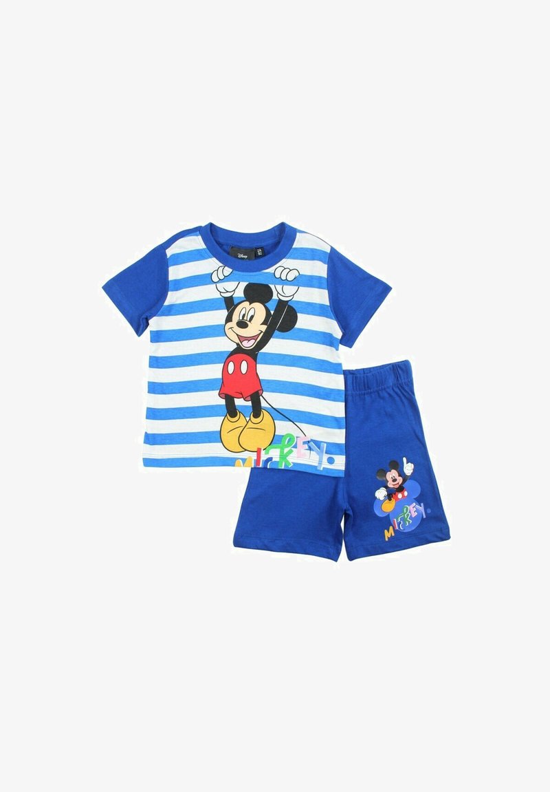 Ensemble de pyjama pour enfants à rayures bleues et blanches, comportant un grand motif de Mickey Mouse sur le t-shirt et des motifs plus petits sur le short.