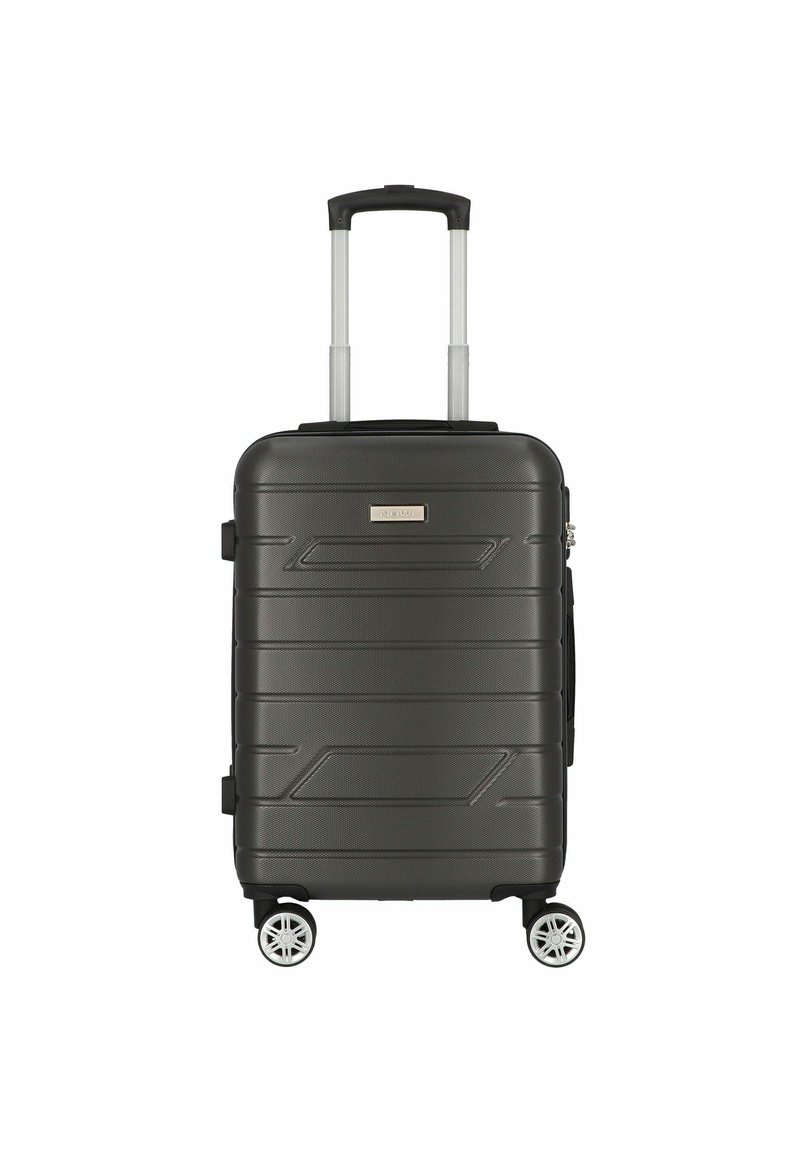 Harde cabin koffer in donkergrijs met een textuurafwerking, uitschuifbare handgreep en vier draaibare wielen voor gemakkelijke mobiliteit.