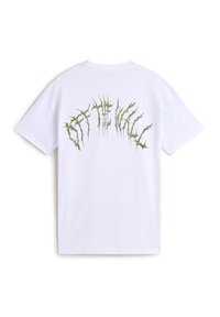 Witte katoenen T-shirt met een groene grafische tekening op de achterkant, gevormd als scherpe punten die in een boog uitsteken. Ronde hals en korte mouwen.