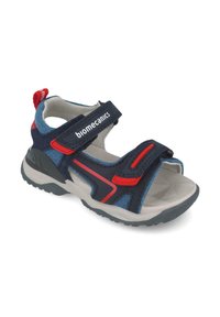 Sandalias azul marino con acentos rojos, correas de gancho y bucle, parte superior de malla transpirable y suela gris texturizada, diseñadas para comodidad y soporte.