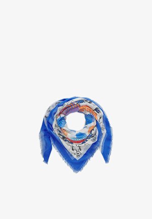 Foulard carré avec bordure bleue, centre blanc, dessins abstraits en lignes noires et motifs hexagonaux orange et bleu, disposés en forme triangulaire enroulée.