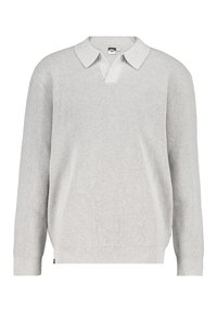 Vaaleanharmaa neulepusero, jossa on teksturoitu neulos, V-kaula-aukko ja lyhyt kaulus; siinä on pitkät hihat ja rento malli.