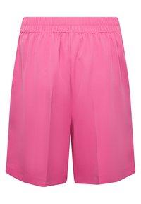 Růžové šortky s elastickým pasem, vyrobené z hladké látky. Design obsahuje široké nohavice a rovný lem.