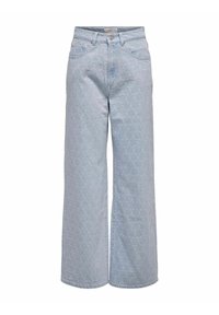 Lichtblauwe denim wide-leg jeans met een hexagonaal reliëfpatroon, voorzien van een hoge taille, twee voorkantzakken en een knoopsluiting.