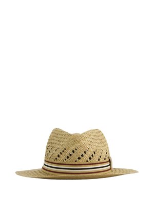 Strohhut Fedora mit breiter Krempe, gewebtem Muster und einem gestreiften braunen, weißen und schwarzen Band um die Basis.
