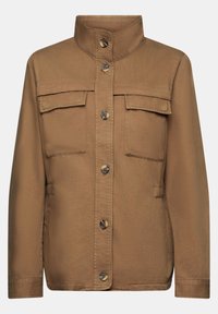 Veste marron à boutons avec col montant, deux poches à rabat poitrine et manches longues, fabriquée en tissu robuste.