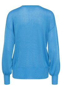 Maglione blu lavorato a maglia con una finitura scintillante, dotato di maniche lunghe, una vestibilità ampia e polsini e orlo a coste. Texture morbida.