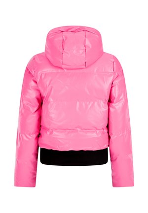Roze gewatteerde jas met een glanzende afwerking, cropped ontwerp en een capuchon. Heeft elastische manchetten en een zwarte onderrand. Effen kleur zonder patronen.