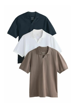 Three short-sleeve polo shirts in navy, white, and taupe with regular fit and open collar, stacked vertically on a white background.