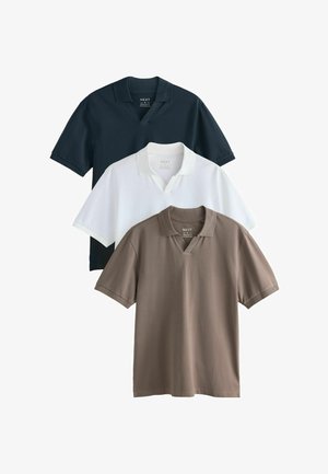 Three short-sleeve polo shirts in navy, white, and taupe with regular fit and open collar, stacked vertically on a white background.