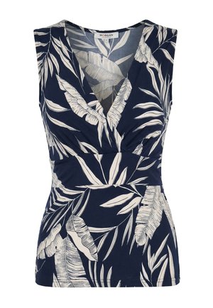Haut bleu marine sans manches avec col en V et motif de feuilles tropicales blanches, ajusté à la taille, étiquette "Morgan" à l'intérieur du col.