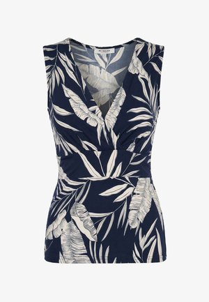 Haut bleu marine sans manches avec col en V et motif de feuilles tropicales blanches, ajusté à la taille, étiquette "Morgan" à l'intérieur du col.
