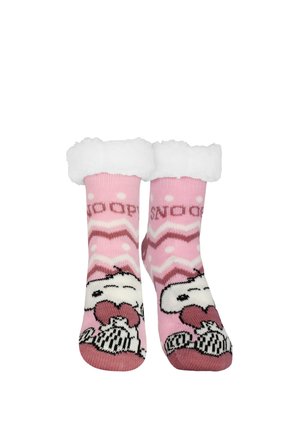 Paar rosa flauschige Bündchensocken mit Snoopy, der ein Herz hält, mit Chevron- und Polka-Dot-Mustern sowie dem Schriftzug "SNOOPY".