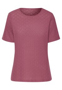 Kurzärmliges Oberteil aus strukturiertem, hellrosa Stoff mit geometrischem Muster und rundem Ausschnitt. Schlichtes und lässiges Design.