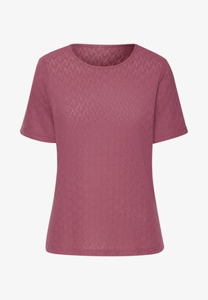 Top a maniche corte realizzato in tessuto rosa chiaro testurizzato, con un motivo geometrico e scollo rotondo. Design semplice e casual.