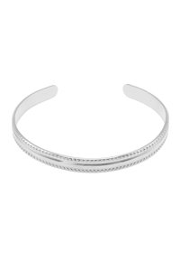 Bracciale a manica in argento con due bande sottili caratterizzate da una texture a perline, bordi lisci e una finitura lucida.