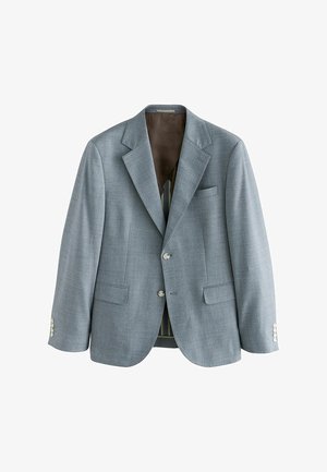 Blazer grigio chiaro con rever a notch, due tasche frontali e bottoni argento. L'interno presenta una fodera a contrasto marrone e un motivo a righe.