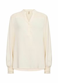 Cream-colored blouse with a gathered neckline, button placket, and smocked cuffs. Features long sleeves and a relaxed fit. Soft, lightweight fabric.