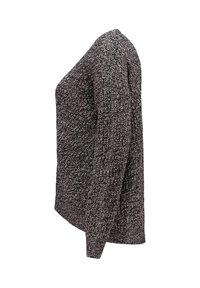 Gestrickter Pullover in Dunkelgrau mit hellen Sprenkeln. Runder Halsauschnitt, lange Ärmel und eine lockere Passform. Strukturiertes Material mit einem subtilen Muster.