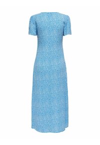 Robe midi bleue à manches courtes avec un petit motif floral blanc partout, vue de dos sur fond blanc.