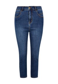 Pantalones vaqueros de mezclilla azul con cintura alta, pierna ajustada y diseño de cinco bolsillos. Presentan costuras doradas y cierre frontal con botón.