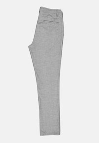 Graue, maßgeschneiderte Hose aus strukturiertem Stoff, mit geradem Bein, seitlichen Taschen und einem schlichten Bunddesign.