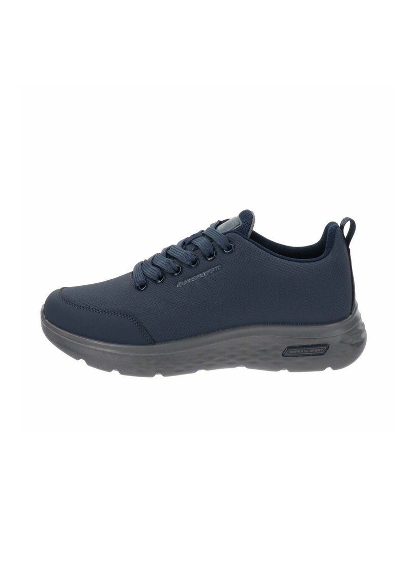 Sneakers atletici blu navale con tomaia testurizzata e traspirante e suola sintetica grigia. Presentano lacci abbinati e un tassello posteriori per il pull.