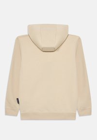 Beige hoodie with a lined hood, ribbed cuffs, and hem, made from soft fabric, featuring a small logo tag on the side.