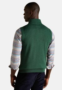 Vyras, dėvintis žalią be.rankovių megztinį virš ilgarankovio languoto marškinio su sukabintomis rankovėmis, atsisukęs atgal prieš paprastą foną.